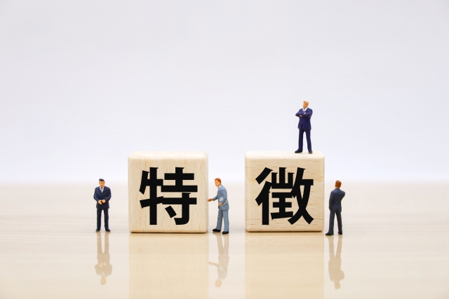 「特徴」と書かれた木製ブロックと人物模型