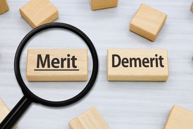 「Merit」と「Demerit」と書かれた木製ブロックと虫眼鏡