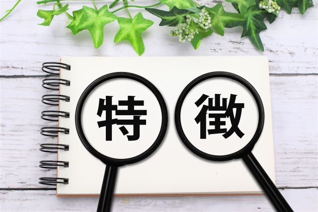 虫眼鏡越しに「特徴」と表示されたノートのイメージ