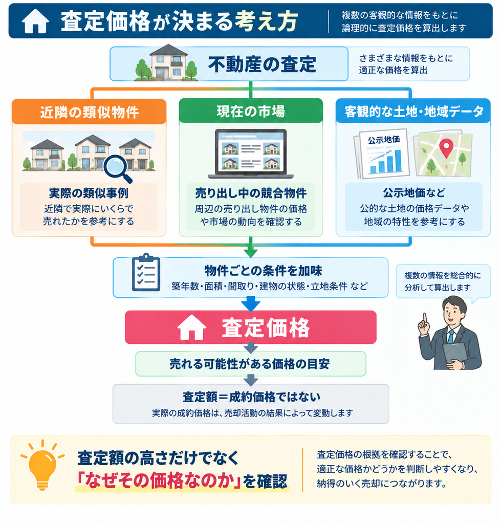 近隣の類似物件の成約事例、現在の市場、土地・地域データに物件ごとの条件を加味し、査定価格を算出する考え方を示した図解