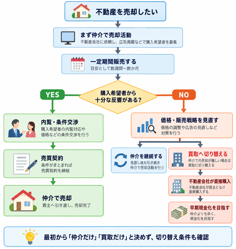 不動産を仲介で売却活動し、購入希望者の反響に応じて仲介継続または買取へ切り替える流れを示した図解