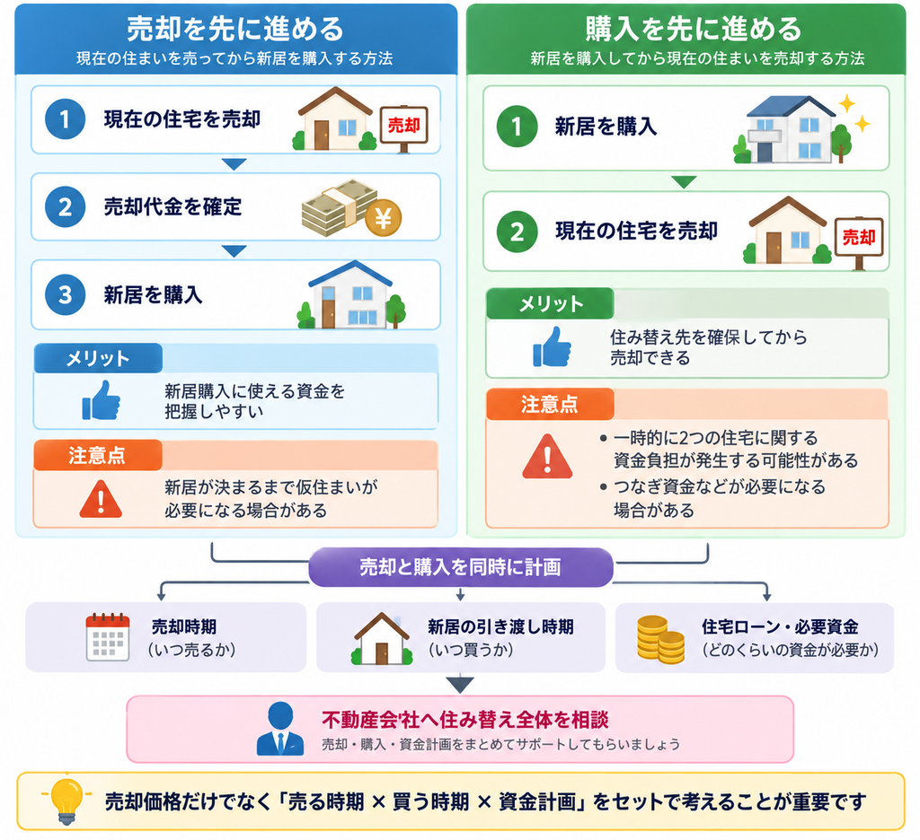 住み替え時の売却先行と購入先行の流れやメリット・注意点、売却・購入・資金計画を同時に調整する考え方を比較した図解