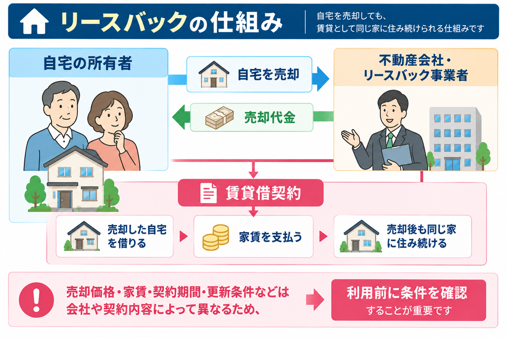 自宅を不動産会社・リースバック事業者へ売却して売却代金を受け取り、その後は賃貸借契約を結んで家賃を支払いながら同じ家に住み続けるリースバックの仕組みを示した図解