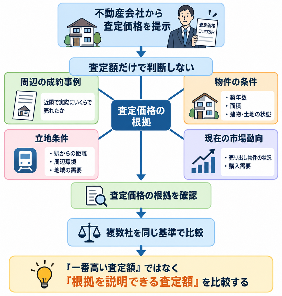 不動産会社から提示された査定価格について、周辺の成約事例・物件の条件・立地条件・市場動向の4つの根拠を確認し、複数社を同じ基準で比較する流れを示した図解