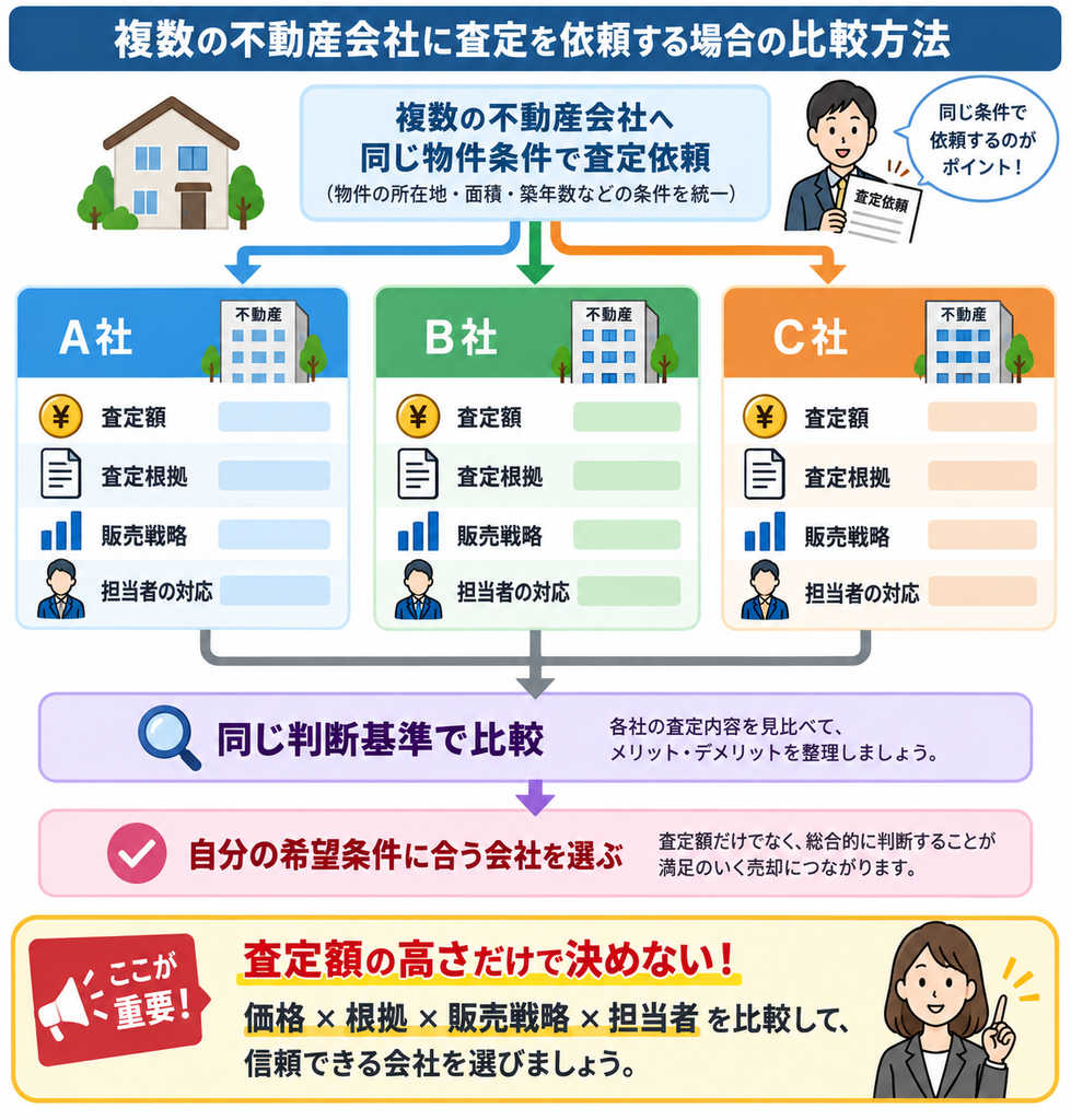 複数の不動産会社へ同じ物件条件で査定を依頼し、査定額・査定根拠・販売戦略・担当者の対応を同じ基準で比較して売却先を選ぶ方法