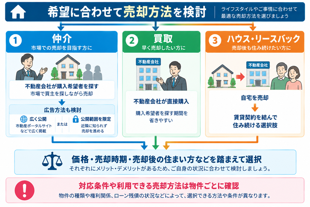 仲介・買取・ハウス・リースバックの3つの売却方法について、それぞれの仕組みや特徴を比較し、価格・売却時期・売却後の住まい方から選ぶ考え方を示した図解。