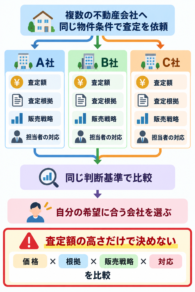 複数の不動産会社に同じ物件条件で査定を依頼し、査定額・査定根拠・販売戦略・担当者の対応を同じ基準で比較して、自分の希望に合う会社を選ぶ流れ