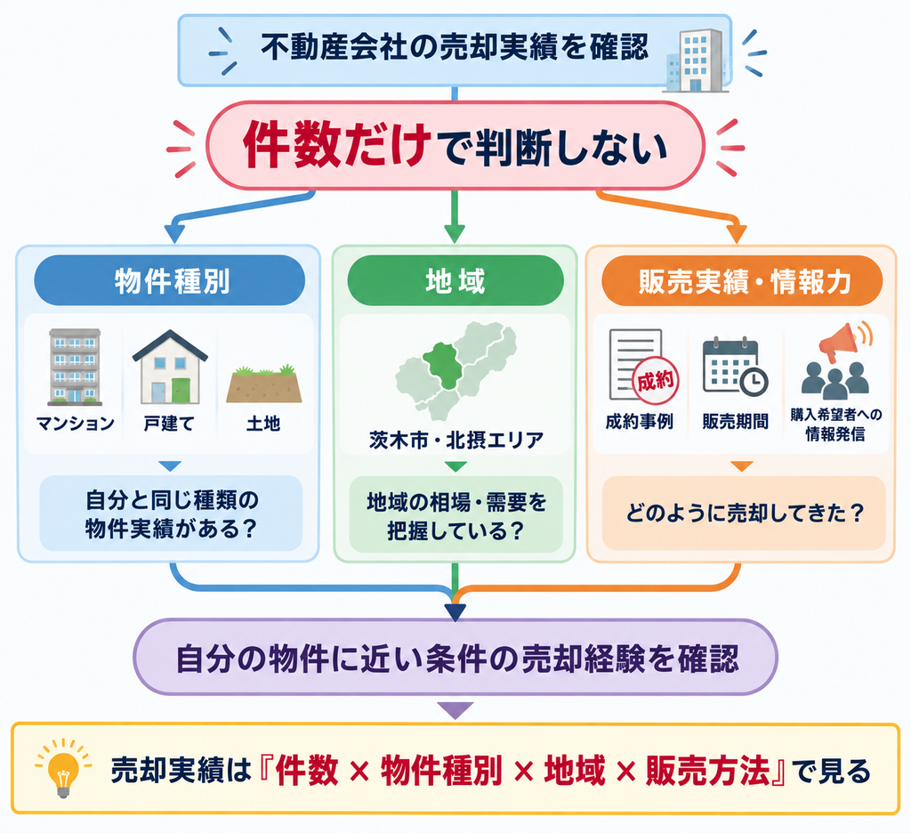 不動産会社の売却実績を、件数だけでなく物件種別・地域・販売実績や情報力の3つの観点から確認し、自分の物件に近い条件の売却経験を見極めるポイントを示した図解。