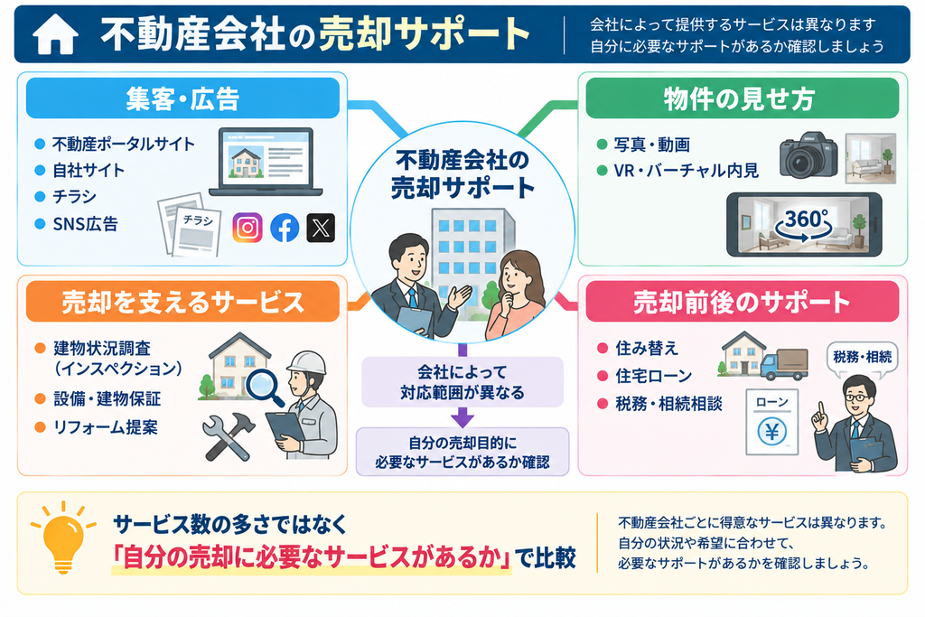 不動産会社の売却サポートを、集客・広告、物件の見せ方、売却支援サービス、売却前後のサポートに分け、必要なサービスを比較する考え方を示した図解。