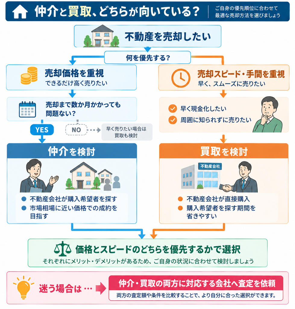 不動産売却で価格を重視する場合は仲介、スピードや手間を重視する場合は買取を検討する流れと、迷う場合の比較方法を示した図解