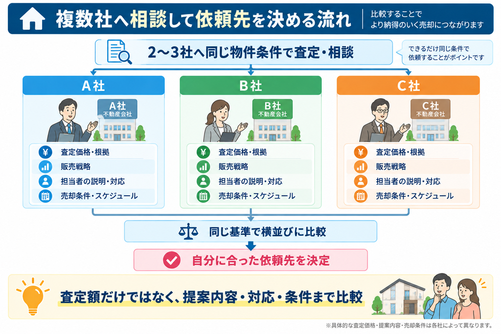 2〜3社の不動産会社へ同じ物件条件で査定・相談し、査定価格・販売戦略・担当者の対応・売却条件を横並びで比較して依頼先を決める流れを示した図解 