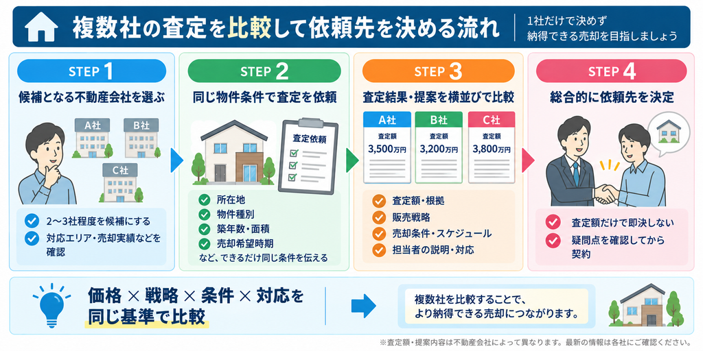 候補となる2〜3社の不動産会社へ同じ物件条件で査定を依頼し、査定額・販売戦略・売却条件・担当者の対応を比較して依頼先を決める4ステップを示した図解