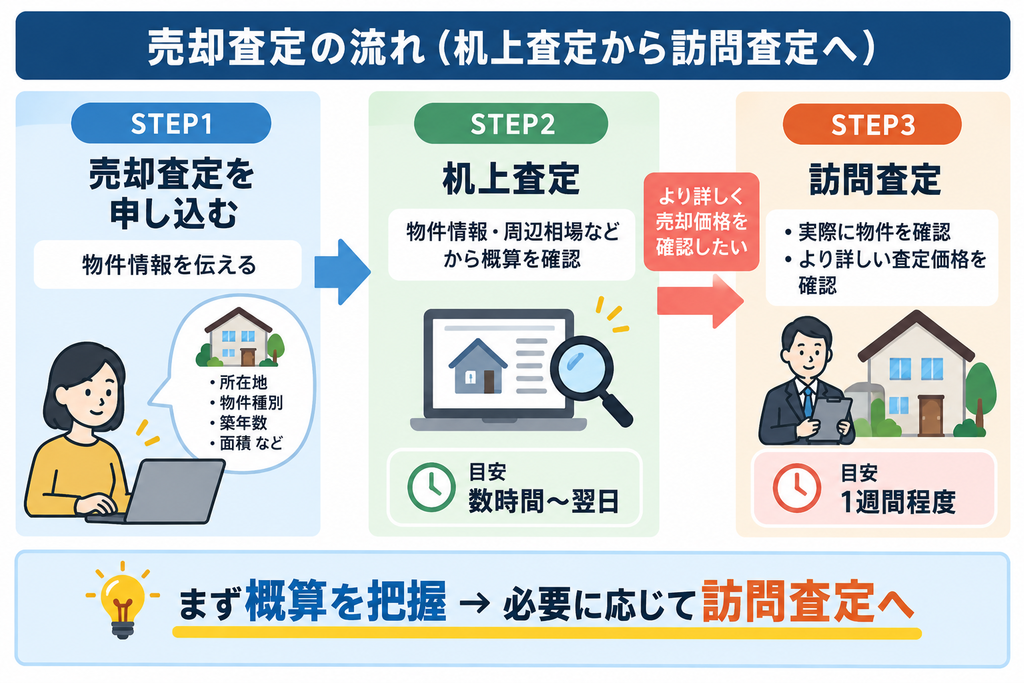 日住サービスの不動産売却査定について、売却査定の申し込みから机上査定、必要に応じて訪問査定へ進む流れと所要時間の目安を示した図解