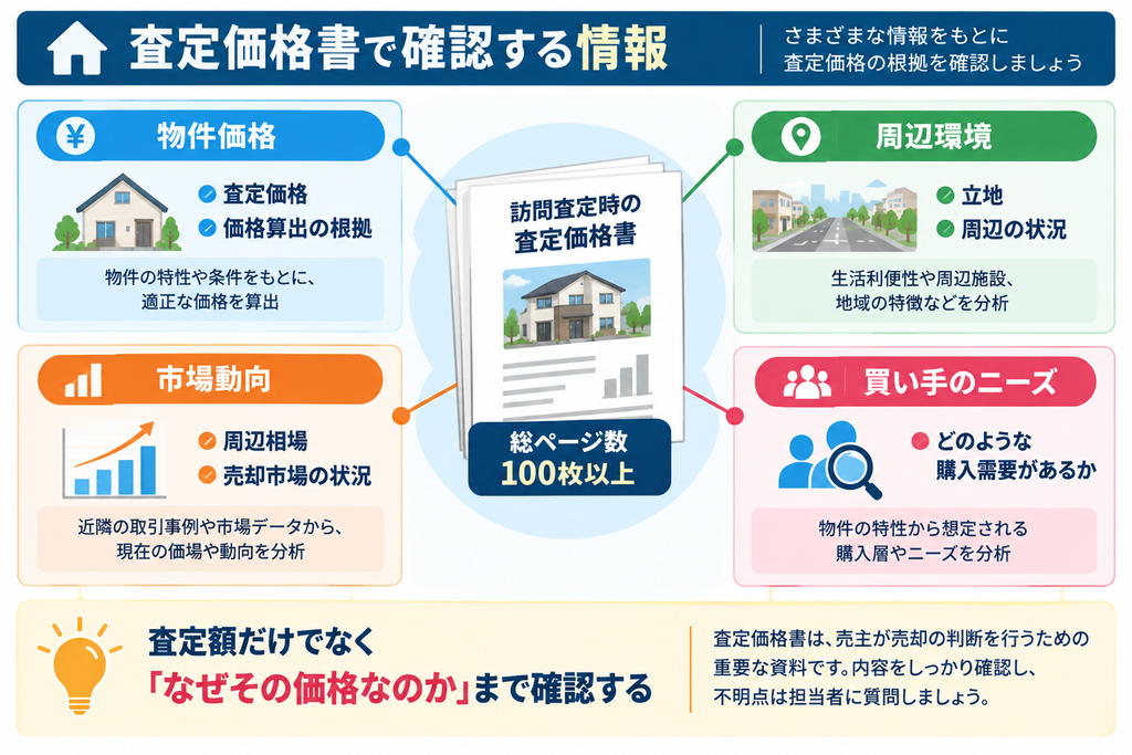 訪問査定時の査定価格書に記載される物件価格・周辺環境・市場動向・買い手のニーズを整理し、査定額の根拠を確認するポイントを示した図解。