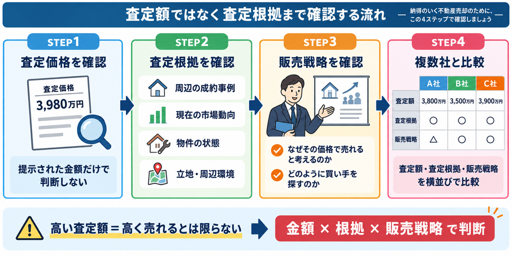 不動産売却で査定価格だけで判断せず、周辺の成約事例や市場動向、物件の状態などの査定根拠と販売戦略を確認し、複数社を比較して依頼先を判断する4ステップの図解 
