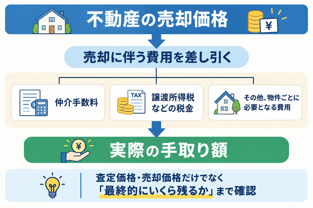 不動産の売却価格から仲介手数料、譲渡所得税などの税金、物件ごとに必要な費用を差し引き、実際の手取り額が決まる仕組みを示した図解 