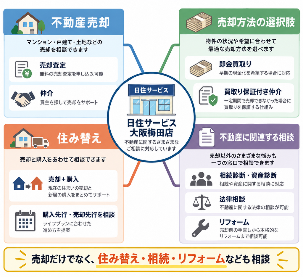日住サービス大阪梅田店で相談できる不動産売却・買取り・住み替え・相続・法律相談・リフォームなどのサービスを整理した相関図