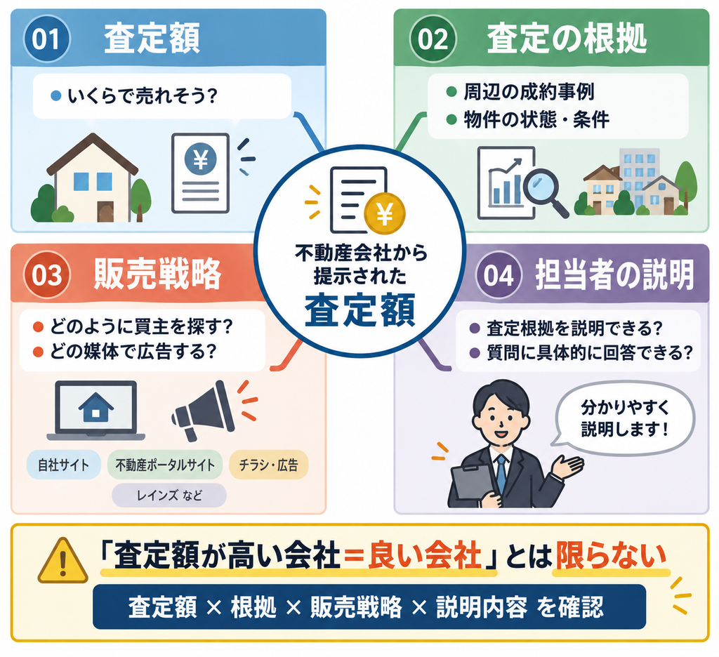 不動産会社の査定額を判断する際に、査定額・査定の根拠・販売戦略・担当者の説明の4点を確認する重要性を示した図解