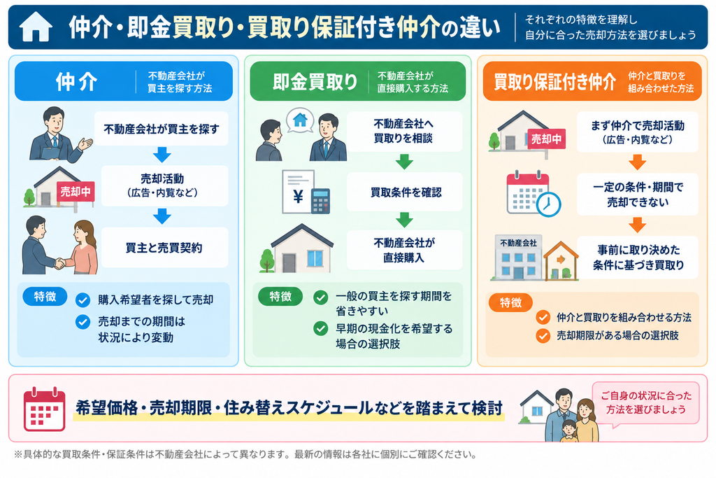 仲介・即金買取り・買取り保証付き仲介について、売却までの流れや特徴の違いと、希望価格・売却期限・住み替えスケジュールを踏まえた選び方を比較した図解